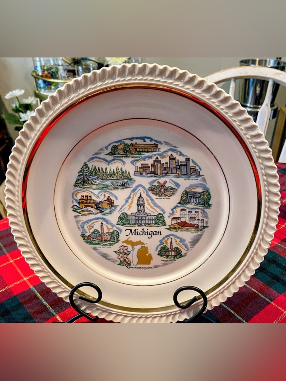Michigan Scenic Decorative Plate - White with Gold & Red Accents